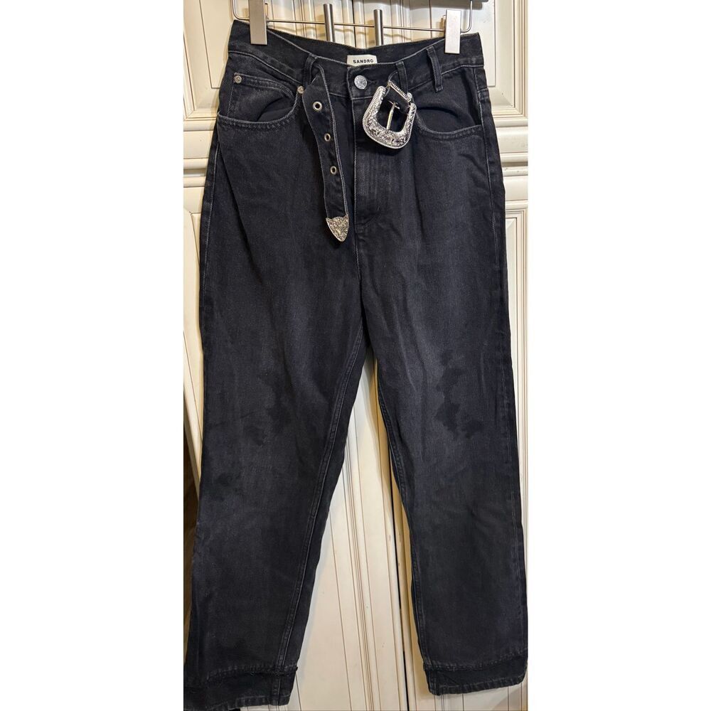 Sandro Paris Womens High Rise Nori Denim Jeans With Western Belt Black Sz 36 NWT
